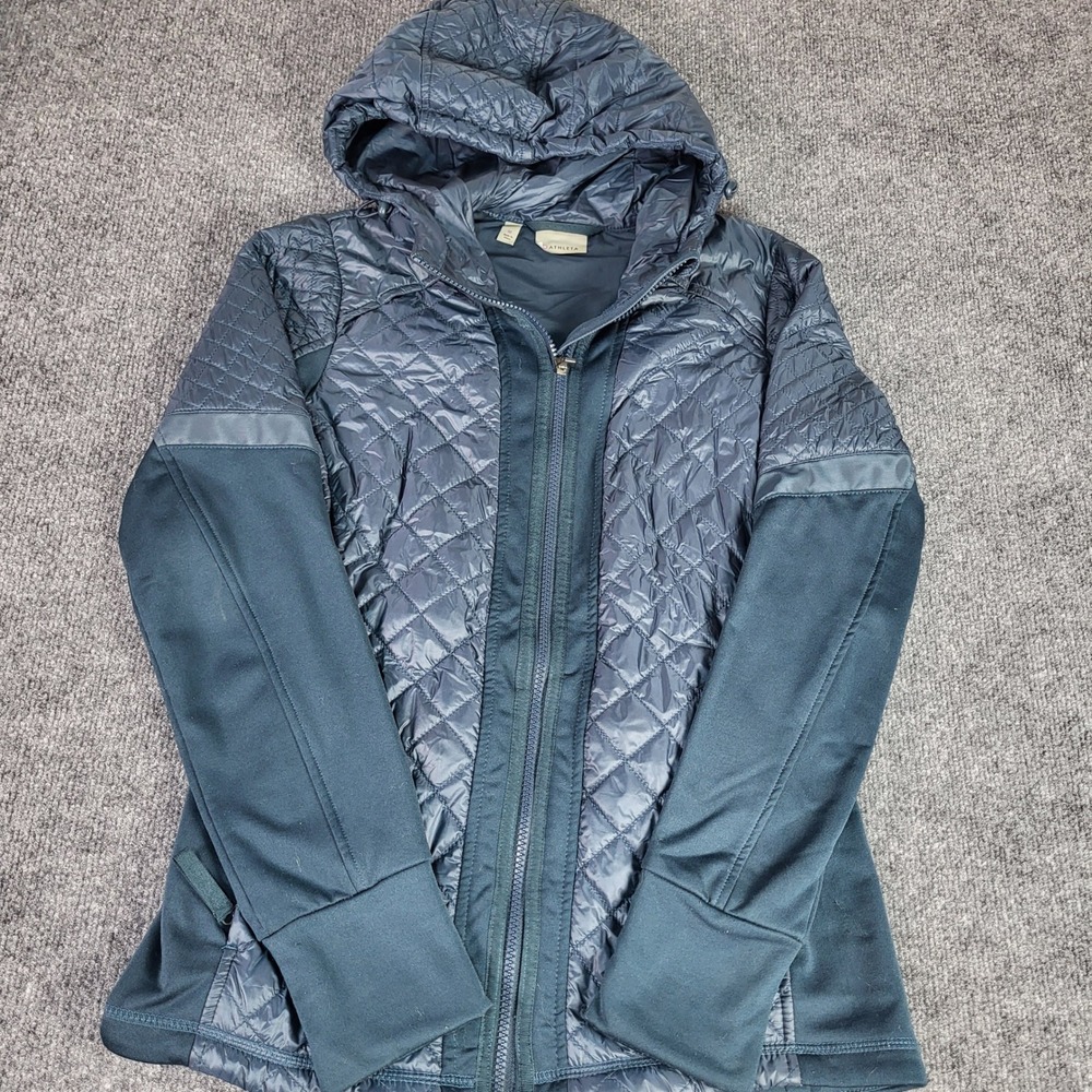 Athleta Womens Medium Blue Quilted Hybrid Full Zip Hooded Jacket RN 54023